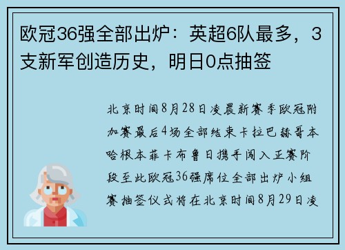 欧冠36强全部出炉：英超6队最多，3支新军创造历史，明日0点抽签